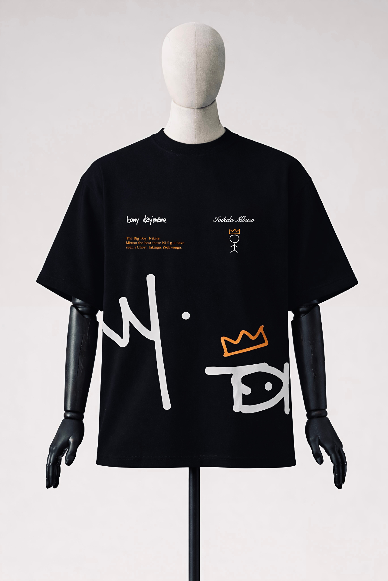 NAKANJANI Ivikela Mbuso Tee — black graphic with hand-drawn motifs